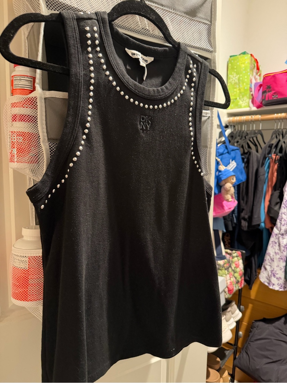DKNY Black Tank Top with Silver Stud Trim